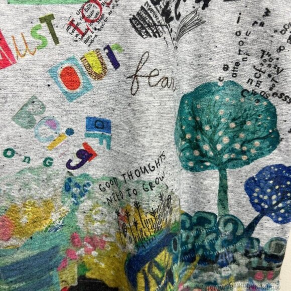 Inoah Top Womens Large Gray Knit Art to Wear Cat Lady Short Sleeve Graphic L - Picture 6 of 11